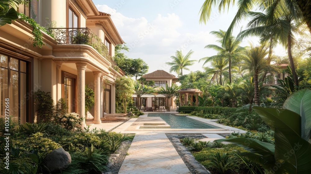 Ultra Luxurious Villa Exterior Design Featuring Vast Garden and Inviting Pool in a Tropical Landscape. Generative AI Ultra Luxurious Villa Exterior Design Featuring Vast Garden and Inviting Pool in a Tropical Landscape. Generative AI
