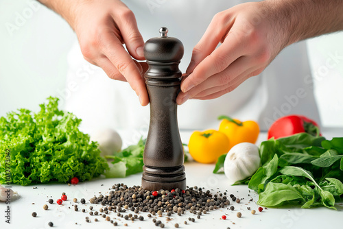 Hands holding a black pepper grinder with scattered peppercorns and fresh vegetables on a white kitchen counter photo