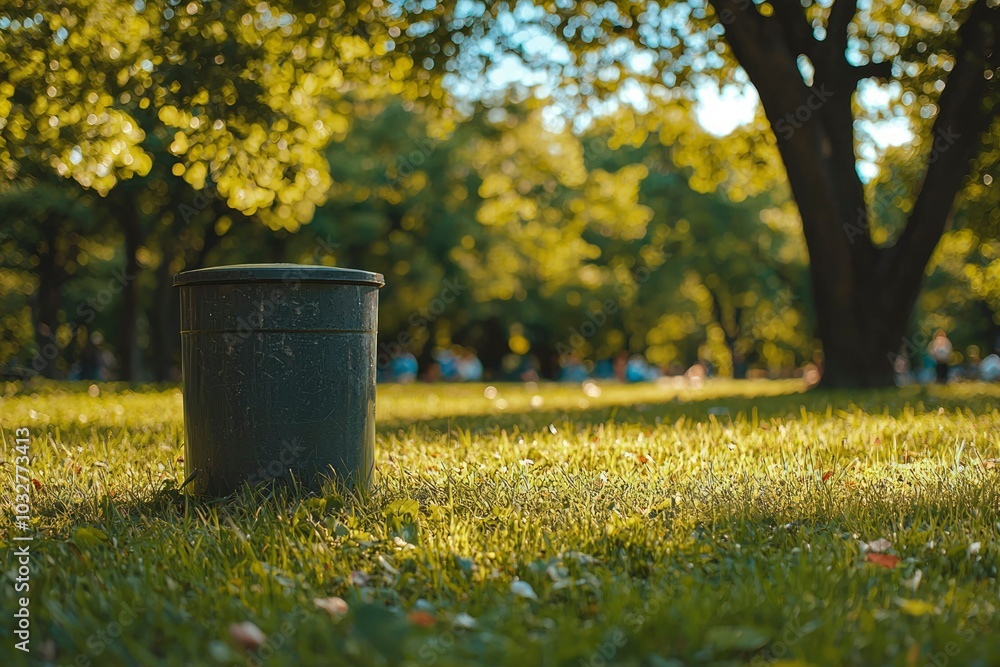 Black Trash Bin in a Lush Green Park Black Trash Bin in a Lush Green Park