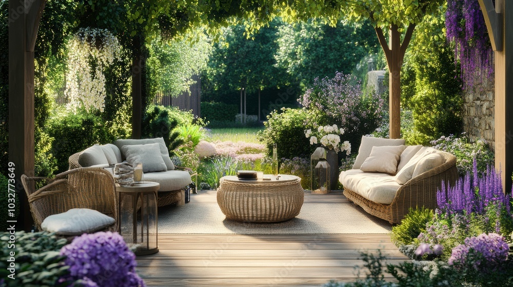 Serene Summer Garden Retreat With Stylish Furniture Surrounded by Lush Greenery. Generative AI Serene Summer Garden Retreat With Stylish Furniture Surrounded by Lush Greenery. Generative AI
