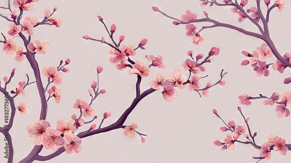 A tree with pink flowers on its branches against a soft pink sky A tree with pink flowers on its branches against a soft pink sky