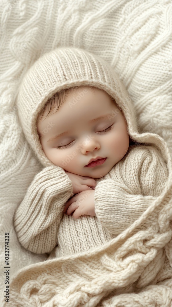 Newborn baby peacefully sleeping, dressed in a cozy cream knitted outfit, wrapped in matching chunky knit blanket. Soft, serene atmosphere. Newborn baby peacefully sleeping, dressed in a cozy cream knitted outfit, wrapped in matching chunky knit blanket. Soft, serene atmosphere.