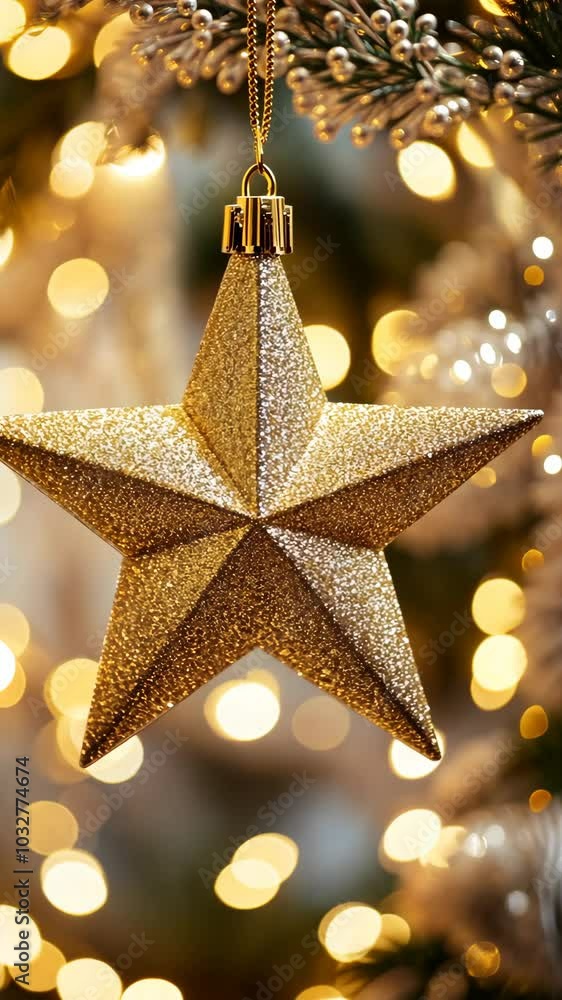 Golden star ornament on christmas tree with bokeh lights. Festive holiday decoration concept Golden star ornament on christmas tree with bokeh lights. Festive holiday decoration concept