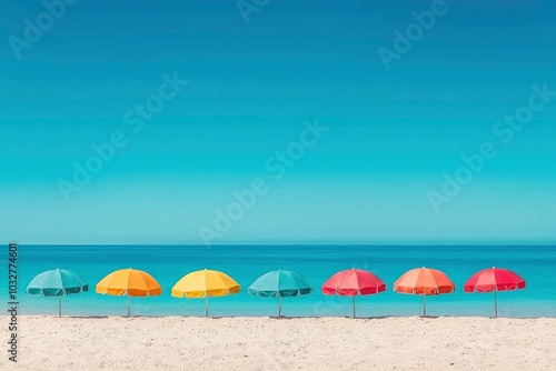 Colorful Umbrellas on a Sandy Beach by a Clear Blue Ocean