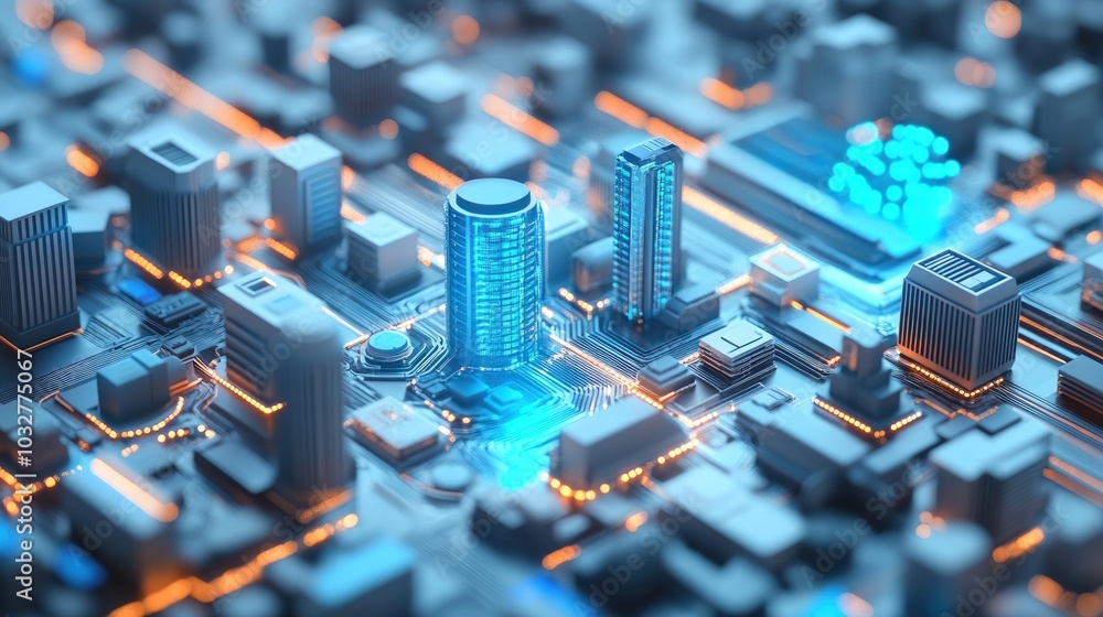 Futuristic city skyline with glowing buildings and circuit board roads. Futuristic city skyline with glowing buildings and circuit board roads.