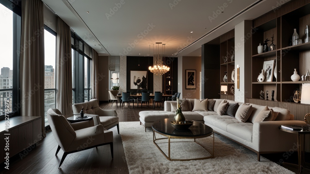 Modern living room with large windows, a sectional sofa, a coffee table, and a bookshelf. Modern living room with large windows, a sectional sofa, a coffee table, and a bookshelf.