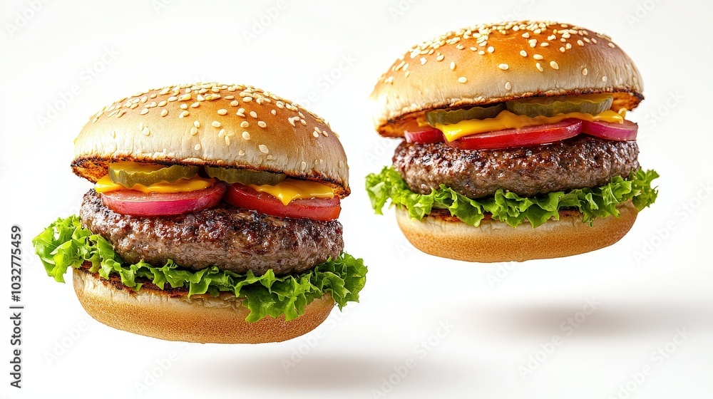 Delicious Hyperealistic Floating Burgers with High Contrast Lighting on White Background for Product Photography Delicious Hyperealistic Floating Burgers with High Contrast Lighting on White Background for Product Photography