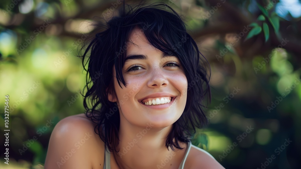 Joyful woman with black hair smiling into a camera Joyful woman with black hair smiling into a camera