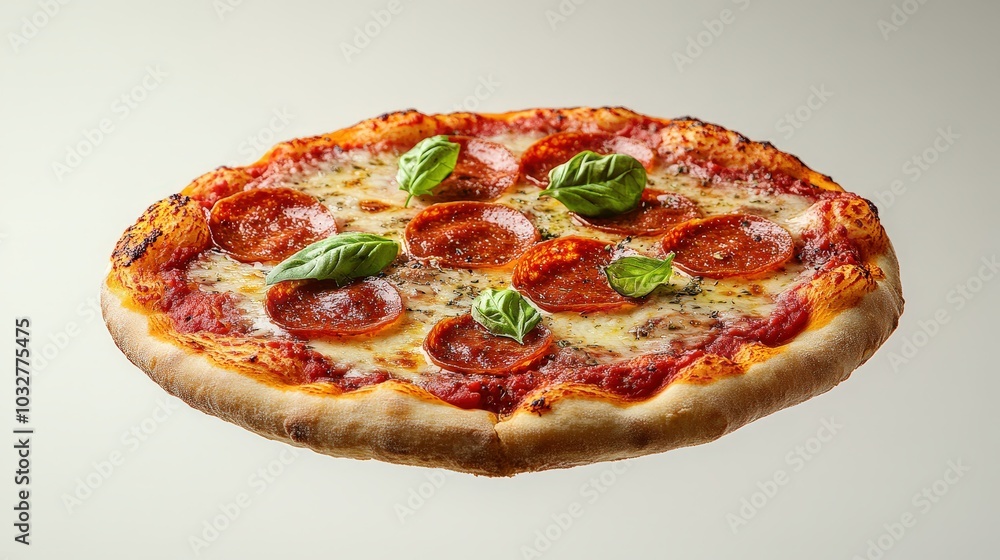 Mouthwatering Neapolitan Pizza Delight Floating in Mid-Air with High-Quality Detail and Lighting for Product Photography on White Background Mouthwatering Neapolitan Pizza Delight Floating in Mid-Air with High-Quality Detail and Lighting for Product Photography on White Background
