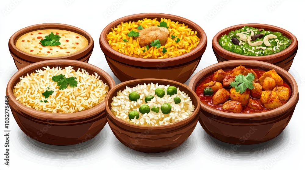 Colorful Biryani Clipart Set on White Background - Set of 4 Simple and Elegant Designs for Culinary Concepts and Graphic Projects Colorful Biryani Clipart Set on White Background - Set of 4 Simple and Elegant Designs for Culinary Concepts and Graphic Projects