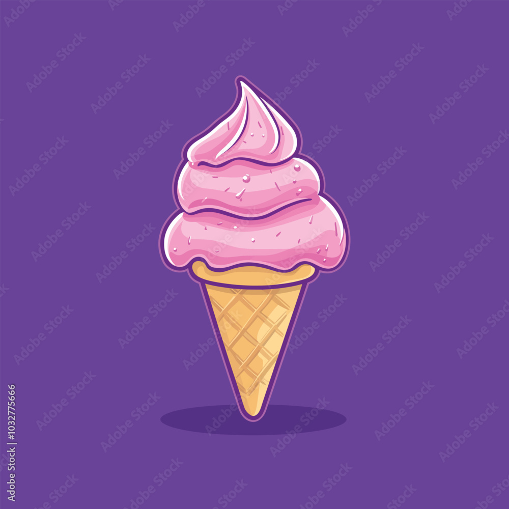 Appetizing ice cream with fruit filling in a waffle cup on a pink background. Vector illustration Appetizing ice cream with fruit filling in a waffle cup on a pink background. Vector illustration