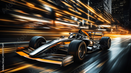 Futuristic  Formula One car driving fast in the city, with motion blur and speed lines. 