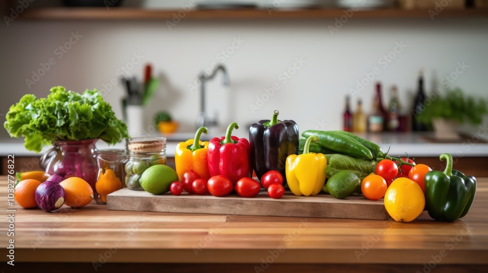 Healthy lifestyle with a table full of fresh produce in a clean, minimalist kitchen for a wellness-themed design Healthy lifestyle with a table full of fresh produce in a clean, minimalist kitchen for a wellness-themed design