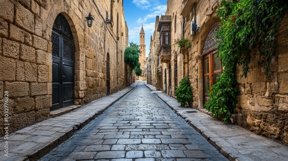 Narrow Ancient Street with Stone Buildings Narrow Ancient Street with Stone Buildings
