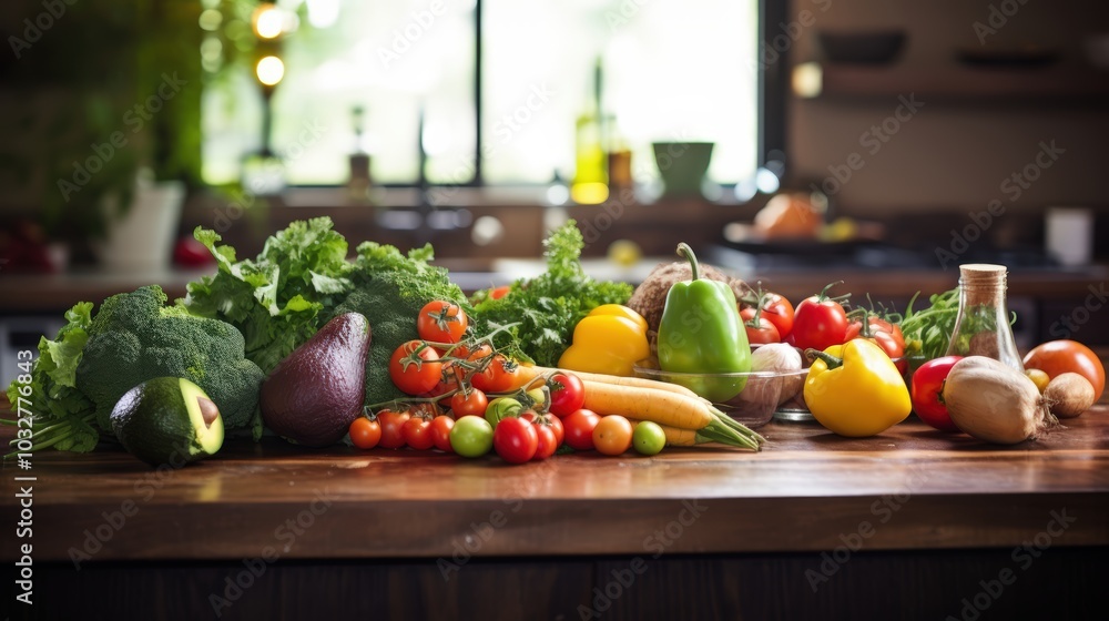 Healthy lifestyle with a table full of fresh produce in a clean, minimalist kitchen for a wellness-themed design Healthy lifestyle with a table full of fresh produce in a clean, minimalist kitchen for a wellness-themed design