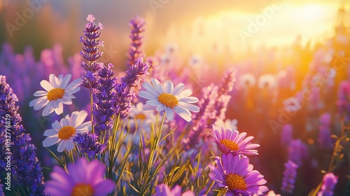   A field of purple and white flowers bathed in sunlight through cloudy skies, with purplish blooms in both the foreground and background