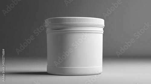 White plastic jar with a blank label, isolated on a gray background.