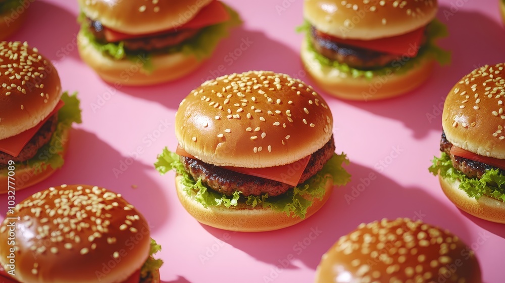 Delicious Vegan Burgers in Soft Morning Light on Minimalist Pink Background with Isometric Shadow Play