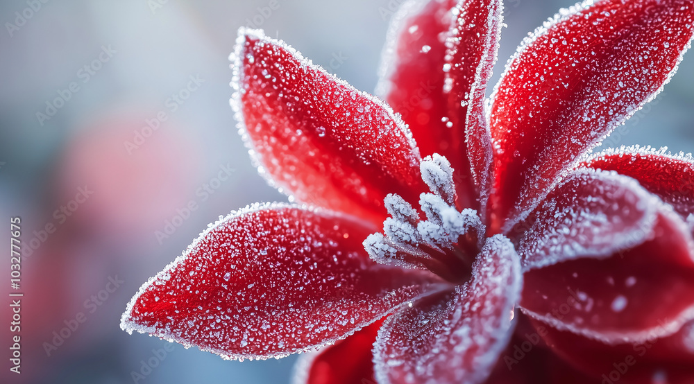 Fototapeta premium Frosty red flower petals with snowy background in macro photography