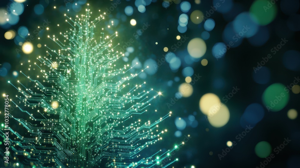 Naklejka premium Futuristic digital Christmas tree glowing with neon blue lights, blending technology with holiday spirit.