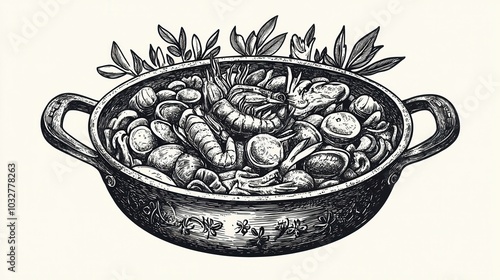 Simple Doodle Tattoo Style Paella Illustration on White Background
