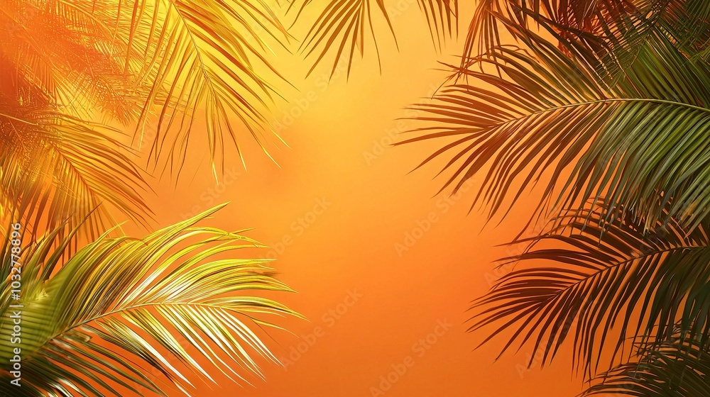Fototapeta premium Orange sky, sun shining through palms