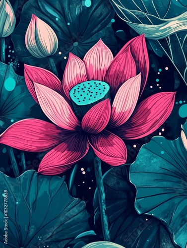 A beautiful pink lotus flower stands out among green leaves, showcasing its vibrant petals and tranquil setting in the water