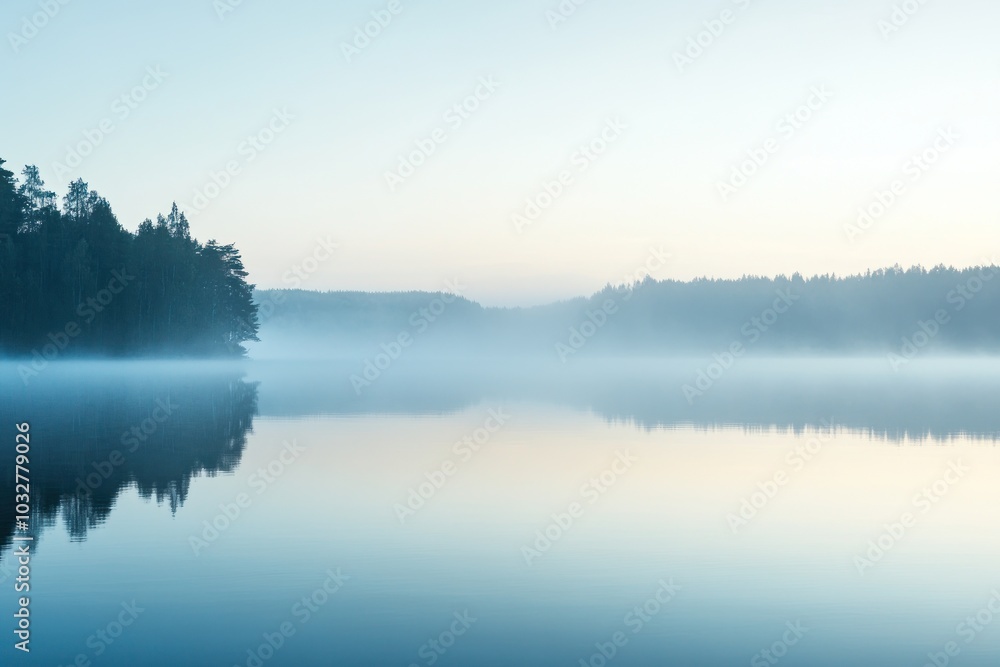 Silhouetted Trees Reflected in a Misty Lake at Dawn Silhouetted Trees Reflected in a Misty Lake at Dawn