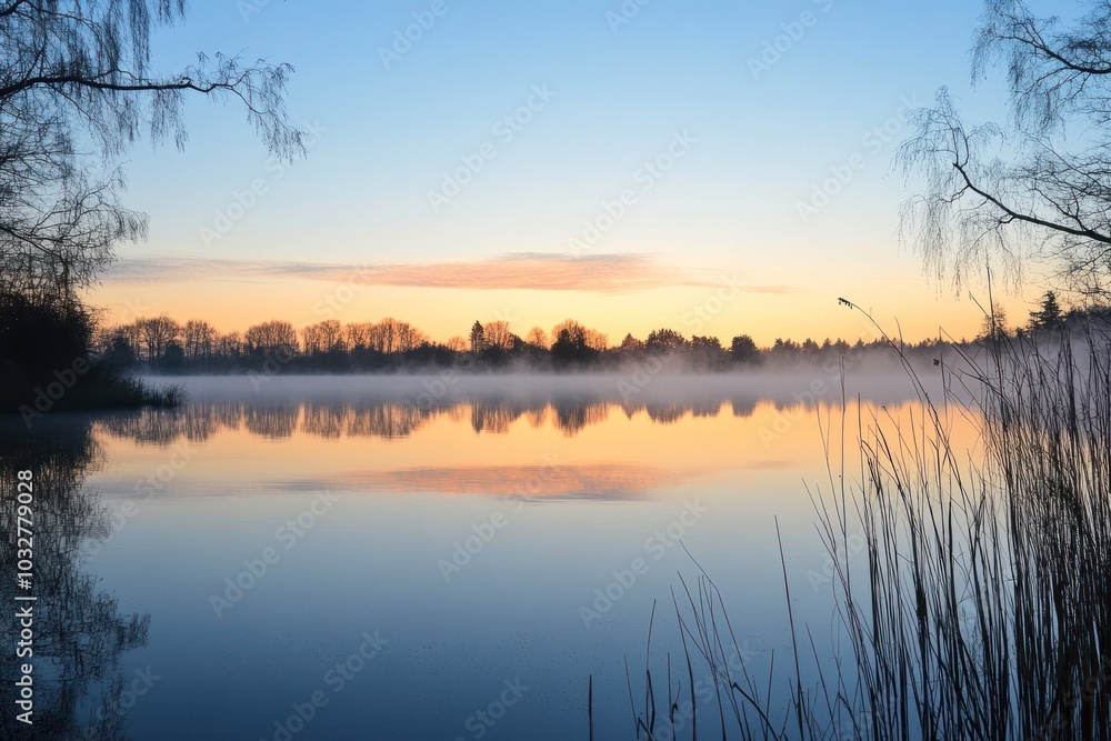 Silhouetted Trees and Fog Over a Still Lake at Dawn Silhouetted Trees and Fog Over a Still Lake at Dawn