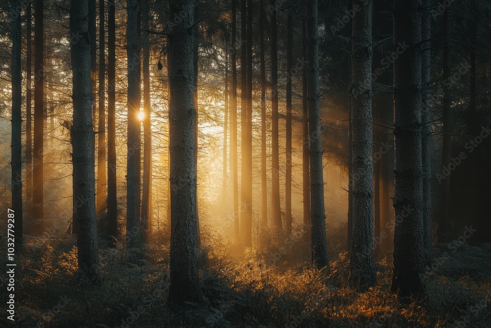 Fototapeta premium Golden Sunlight Filtering Through a Misty Forest