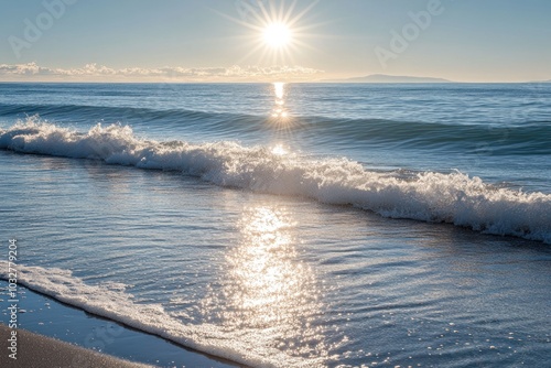 Sun-kissed Wave Breaking on a Sandy Shore at Sunset