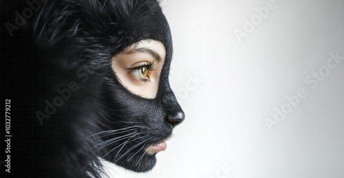 Profile of a black-furred cat hybrid woman, merging sleek beauty with animal elegance photo