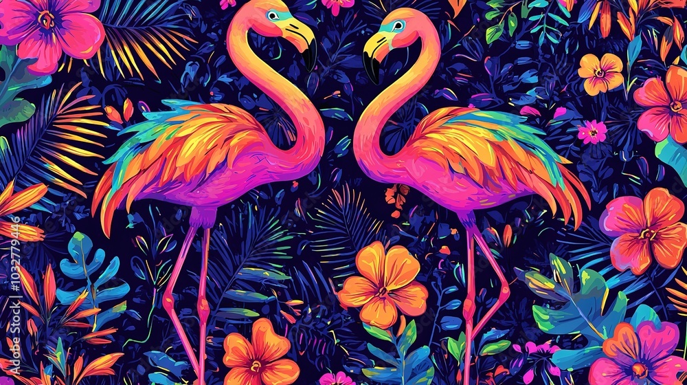 A pair of flamingos gracefully perched atop a verdant field adorned with vibrant blooms A pair of flamingos gracefully perched atop a verdant field adorned with vibrant blooms