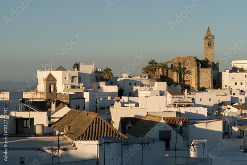 Panoramic view of the white beautiful village of Vejer de la Frontera Divino and the Salvador church in the background at sunset, Cadiz province, Andalusia, Spain