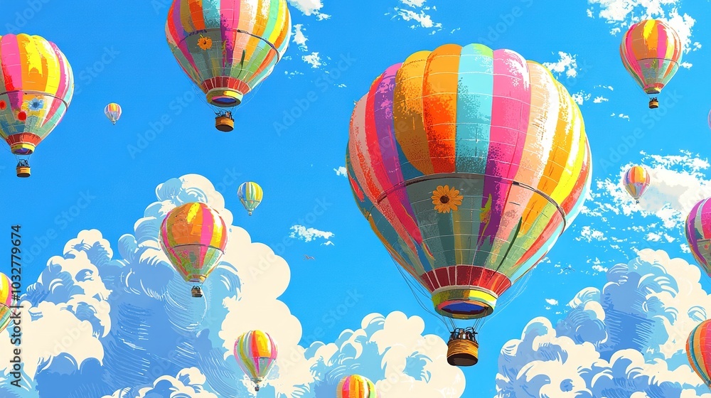 Fototapeta premium A colorful hot air balloon group flies through a blue sky with cloudy foreground and sun in the middle