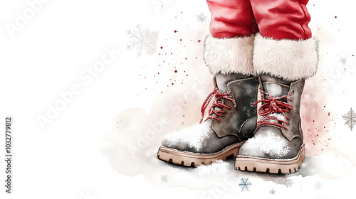 Santa's boots covered in snow, festive winter art concept with red pants