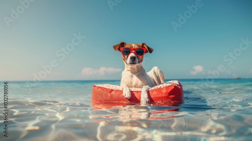 Fototapeta Naklejka Na Ścianę i Meble -  dog with red sunglasses on mattress in the ocean, enjoying summer, vacation, holidays
