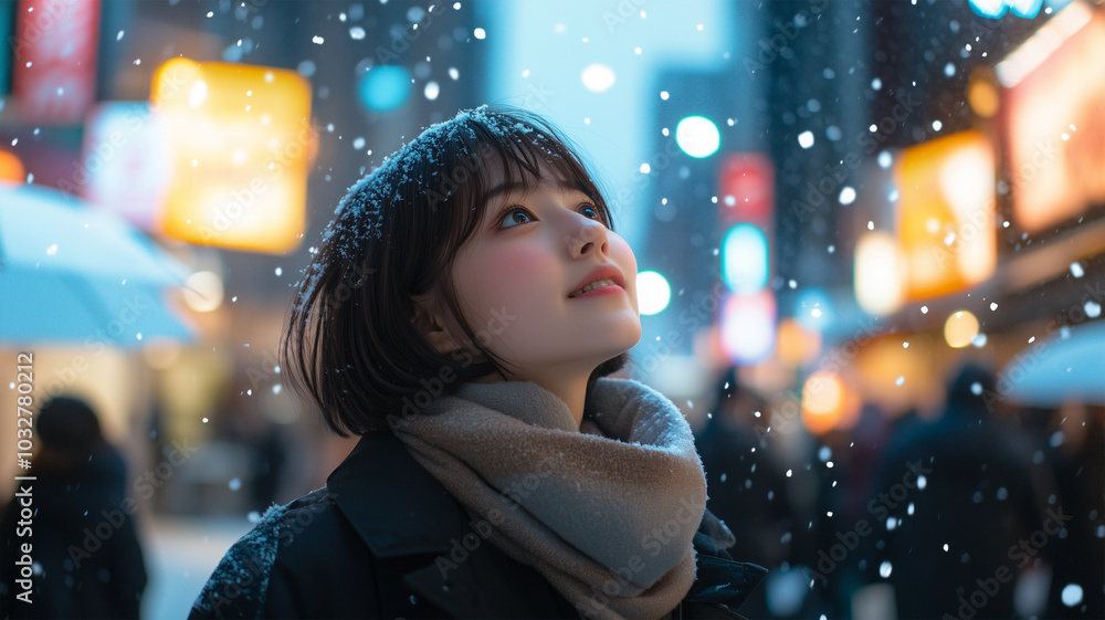 雪の中で空を見上げる若い女性 雪の中で空を見上げる若い女性