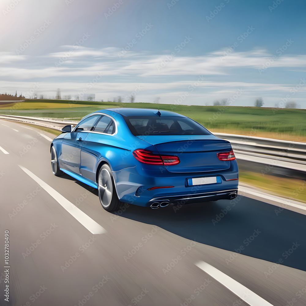 Modern blue car on road rides at speed with motion blur background, extreme Modern blue car on road rides at speed with motion blur background, extreme
