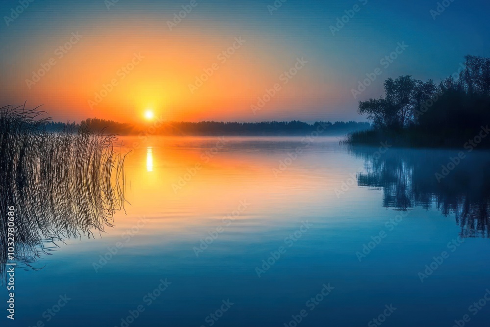 Misty Sunrise Over a Calm Lake with Silhouetted Trees Misty Sunrise Over a Calm Lake with Silhouetted Trees