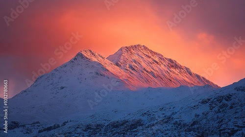  A snow-covered peak set against a red sunset sky with clouds in the foreground