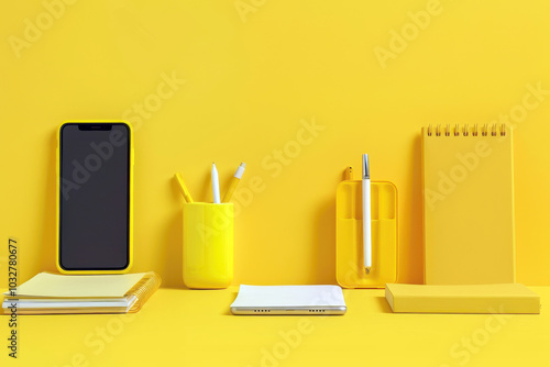 Yellow and white office desk with smartphone and stationery photo