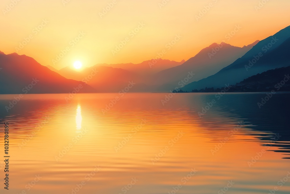 Fototapeta premium Sunset Over a Still Lake with Mountain Silhouette