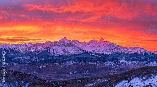  A sunset view of snow-capped mountains against a red sky