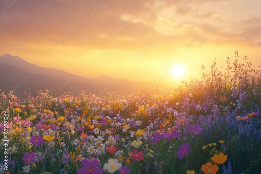 Fototapeta premium A Field of Wildflowers at Sunset
