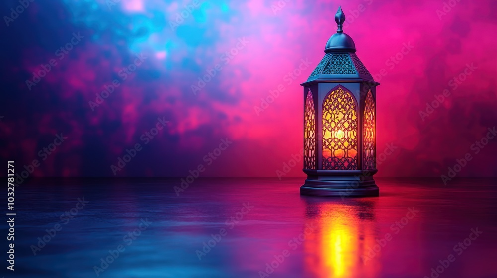 A traditional Ramadan lantern with a lit candle inside, reflecting on a surface with a blurred background of pink and blue clouds. A traditional Ramadan lantern with a lit candle inside, reflecting on a surface with a blurred background of pink and blue clouds.