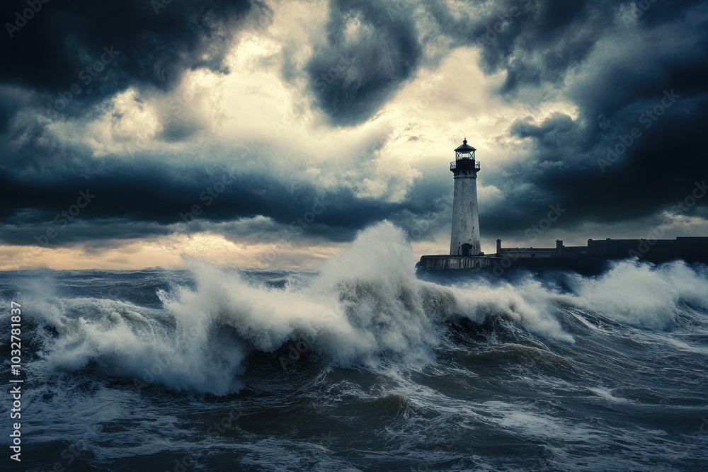 Lighthouse Standing Strong Against Stormy Sea Lighthouse Standing Strong Against Stormy Sea