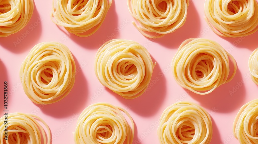 Breakfast Bliss: Spaghetti Carbonara Bathed in Morning Light on Minimalist Pink Background with Whimsical Shadows Breakfast Bliss: Spaghetti Carbonara Bathed in Morning Light on Minimalist Pink Background with Whimsical Shadows