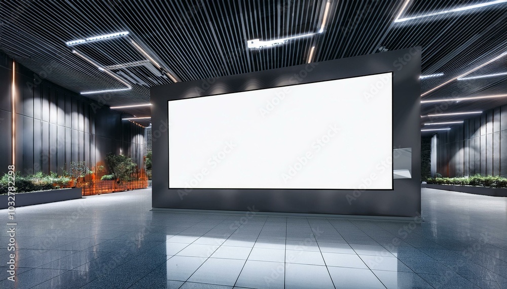 Modern exhibition space with blank display screen at night. 3D Rendering Modern exhibition space with blank display screen at night. 3D Rendering