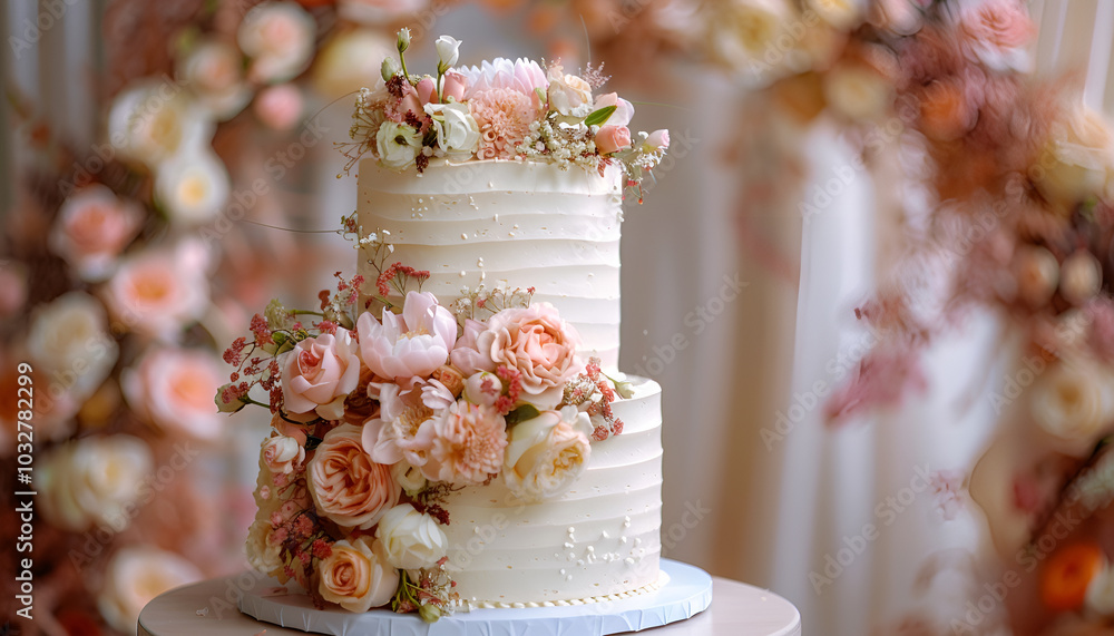 elegant white two-tiered wedding cake decorated with flowers on a small table against the backdrop of a wedding arch elegant white two-tiered wedding cake decorated with flowers on a small table against the backdrop of a wedding arch